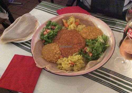 Vegan mixed platter with Injera bread at Nyala Barka in Geneva