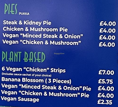 plant based options listed   at TJ's Fish & Chips in Poole