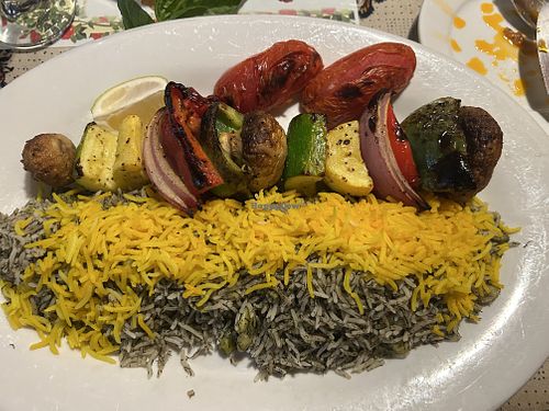 Vegetable kabob with fava bean rice - good!   at Kolbeh in Orangevale