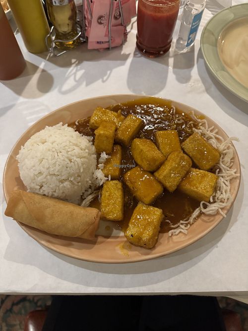 Combo plate: orange tofu, white rice, spring roll  at Wing Lauk in Waterford