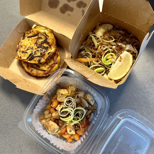 Ukoy and pancit canton with tofu.  at Balay Filipinski Bistro in Celje