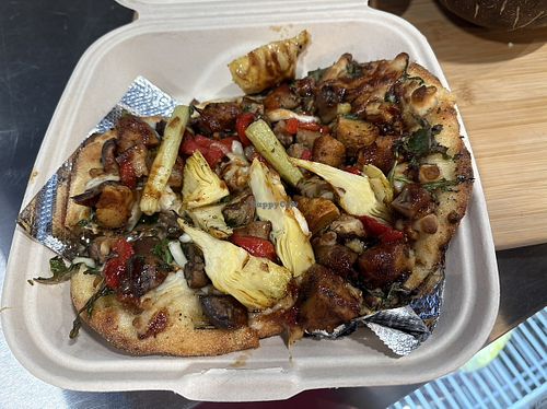 Vegan BBQ chicken flatbread topped with artichokes  at Redlands Natural Market in Redlands