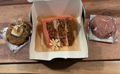 Vegan s’mores cookie, strawberry horchata cake slice, and strawberry cookie  at Redlands Natural Market in Redlands