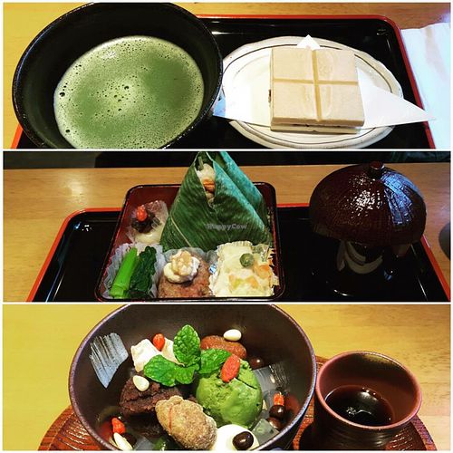 Two of their desserts and one of their non-dessert dishes at Kanro Shichifukujin in Tokyo
