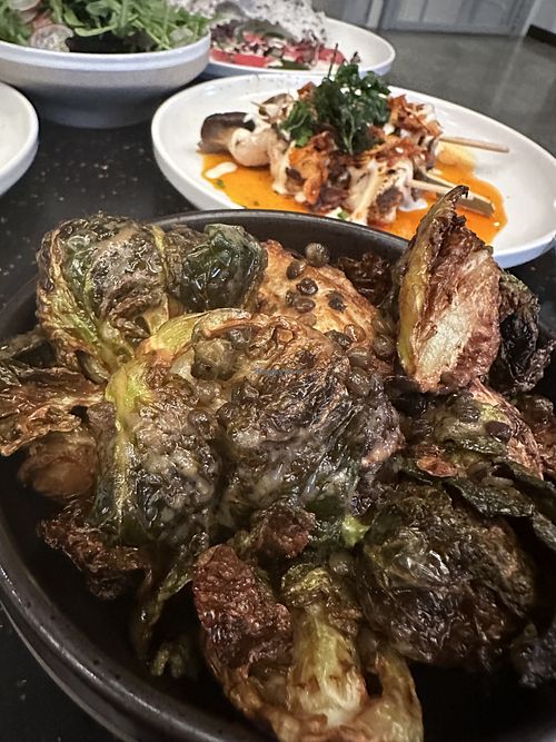 Brussel sprouts with miso and lentils  at The Waggon in North Hobart