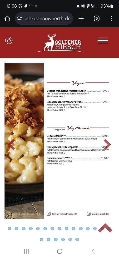 Vegan options on top of the page at Goldener Hirsch in Donauwoerth
