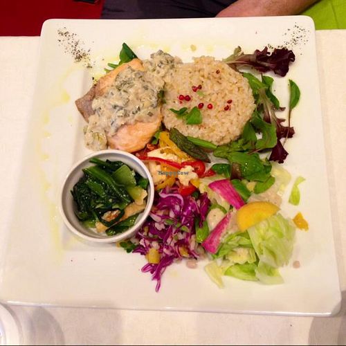 Lunch special for the fish eaters - salmon with veggies, brown rice. at G and V in Tokyo