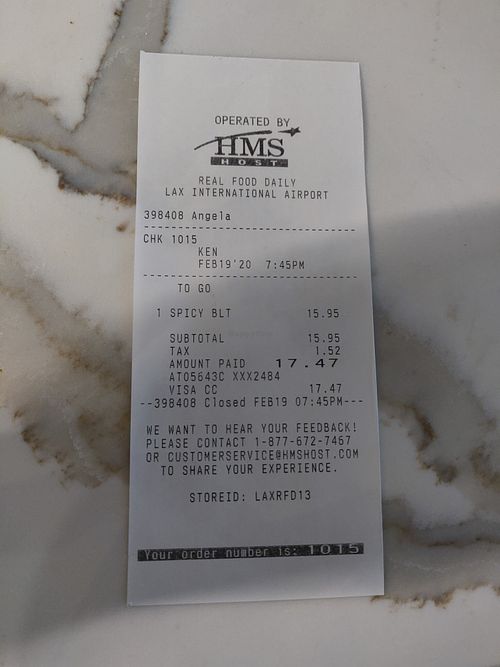 Receipt at LAX - Real Food Daily - T4 in Los Angeles