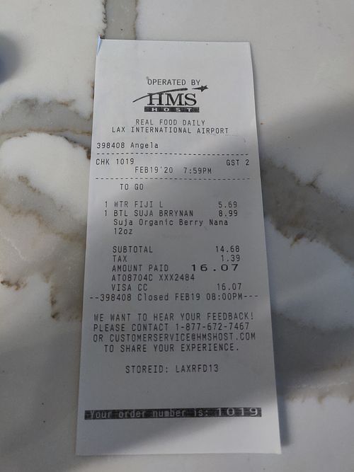 Not cheap! Just for drinks. Other receipt for a small sandwich and still hungry at LAX - Real Food Daily - T4 in Los Angeles
