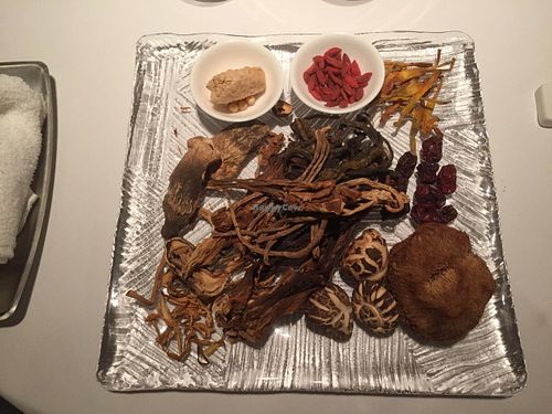 Dried ingredients for soup. On display before eating. at Cantonese en Ken Takase in Tokyo