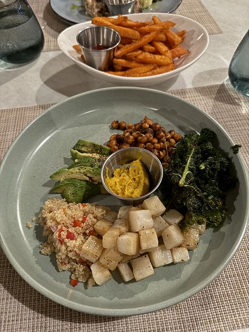 Buddha Bowl and sweet potato fries  at Sand Street Bistro in Speightstown