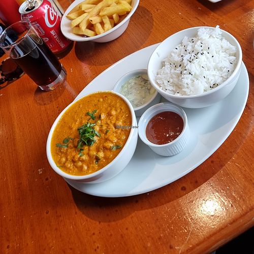 Chickpea Curry with Rice and Naan (not displayed) at Groovy's in Falkland Islands