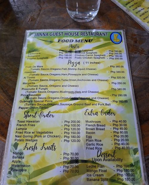 Food menu (Nov 2024) at Guanna's Place Restaurant in Malapascua Island