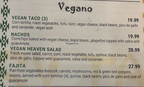 Vegan menu  at Tipsy Tacos  in Pakenham