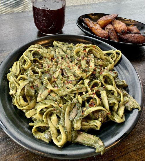 Chicha Morada to drink. Maduros Frito as a side. Tallarin Verde Vegan as a main    at Culantro in Ann Arbor