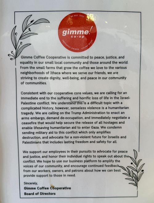 Statement  at Gimme! Coffee in Ithaca