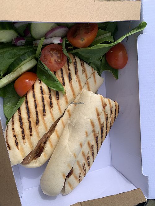 Vegan sausage and chutney panini   at Seahouses Cafè in Seahouses