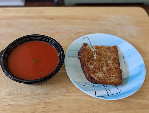Cup of tomato soup and grilled focaccia at Damn Fine Hand Pies in St Louis