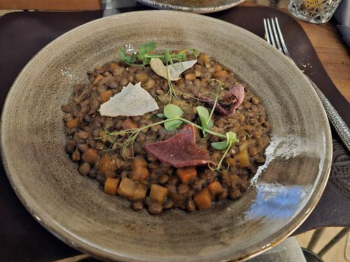 Sauted lentils with vine chips at Mirage Restoran in Kraljevo