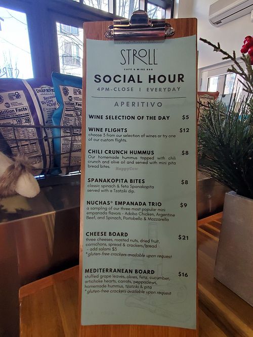 Social hour menu (as of December 2024) at Stroll Café & Wine Bar in Portsmouth