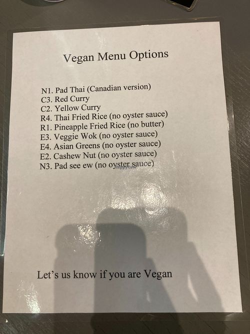 vegan menu at Bann Thai  in Vancouver