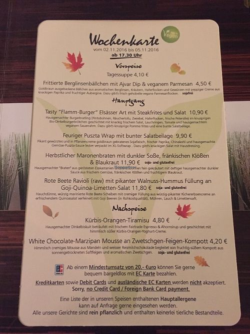 Menu at The Tasty Leaf in Nuremberg