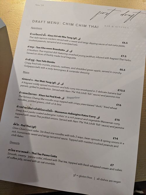 November 2024 100% vegan menu at First Draft Bar & Kitchen  in Norwich