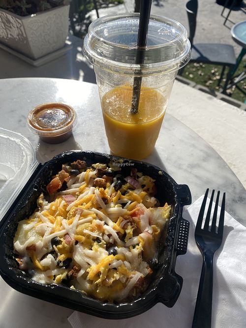 Mango Smoothie (Water-Based) and Vegan Breakfast Bowl (Filling but Uninspiring) - Also, I was Eating at Place - Given Take Away Items - So Much Plastic 🤯😩  at The Queen Bean Coffee & Social House in Modesto