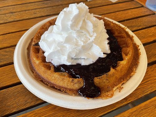 Vegan Gluten free waffle with blueberries sauce and coconut whipped cream.   at Krause Farms in Langley