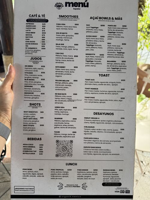 Plant based protein powder and other add ons are on the back of the menu   at Organi-K in San Jose Del Cabo