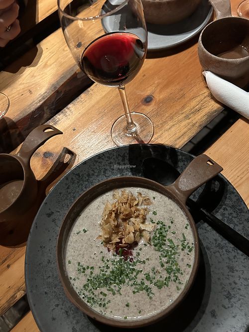 Mushroom Soup and Blueberry wine  at Markanbaiki Sami in Jukkasjaervi