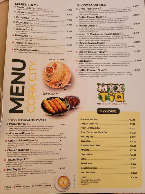 Front menu at MYXTIQ - Cork City in Cork