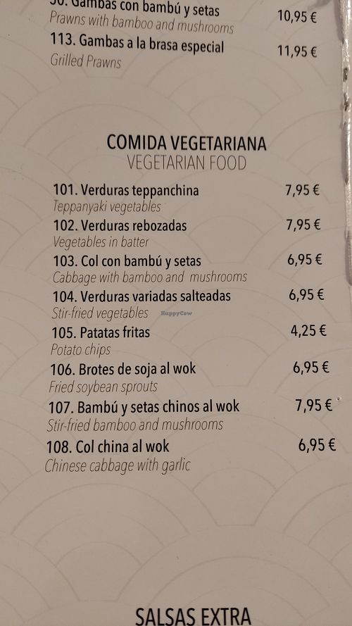 Vegetarian food. *Verduras rebozadas llevan huevo* at Restaurant Gran Muralla in Calafell