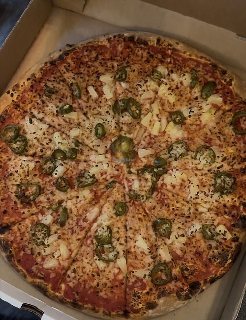 Vegan cheese +Pineapple +Jalapeños    at Lake Arrowhead Village Pizza in Lake Arrowhead