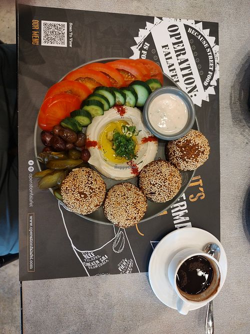 Stuffed falafel platter, with hummus, veggies and tahini. Completely vegan meal. at Operation Falafel  in Riyadh