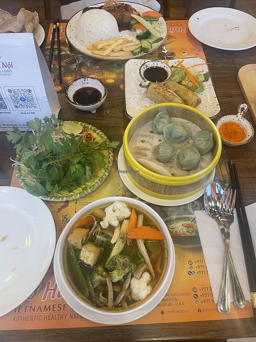 Vegan dumplings, pho and spring rolls  at Pho Ha Noi in Abu Dhabi