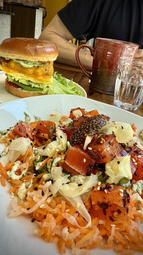Seaweed Salad and Breakfast Chicken Burger  at AM Cafe in Vancouver