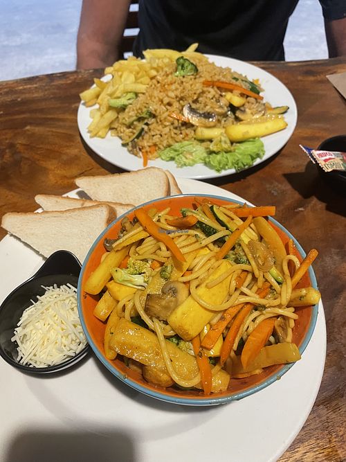 Pasta with vegetables, served with what I think might have been oyster sauce and a side of cheese😡 at Arca Tayrona in Santa Marta