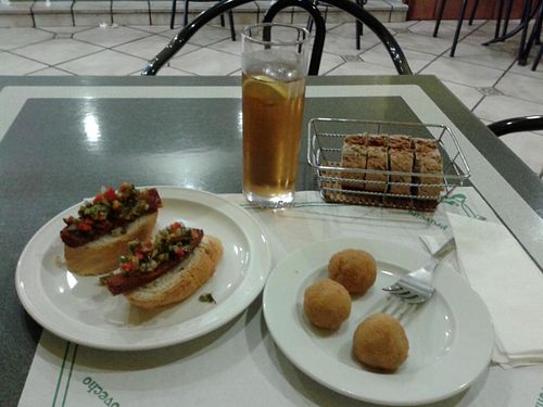 Vegan chorizo with chimichurri sauce, and croquettes. at Sol Veggie in Logrono