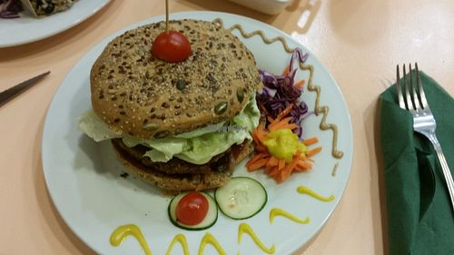 Very big vegan burger at Green Break Vegan Restaurant in San Sebastian