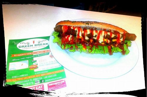hot dog at Green Break Vegan Restaurant in San Sebastian