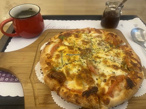 Pizza comes with soup and gelidium  at Spring Vegetarian Restaurant - 春日蔬食坊 in Chiayi