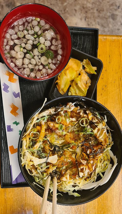 Rice with tempura vegetables -vegan or vegetarian? at Yamato Okan Ramman in Kyoto
