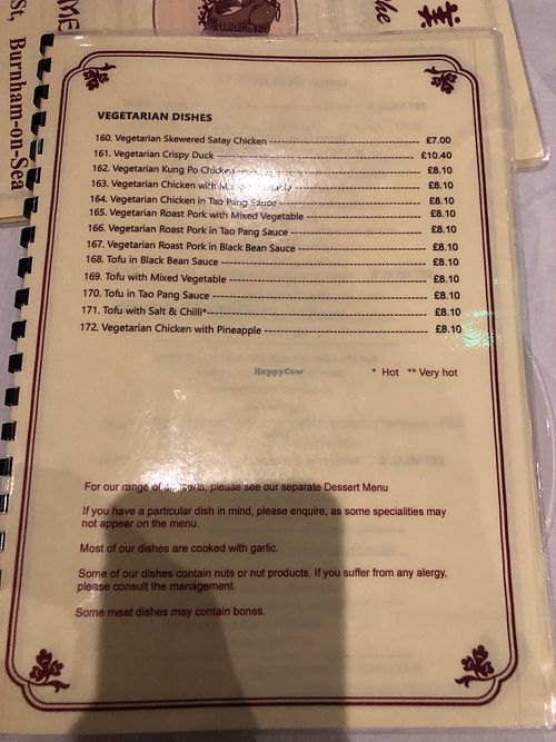 Vegetarian menu which is also completely vegan  at Taste of the Orient  in Burnham-on-sea