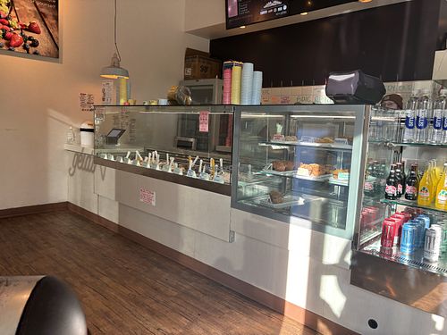 Interior, red sign indicates vegan flavors   at Epic Gelato in Flower Mound