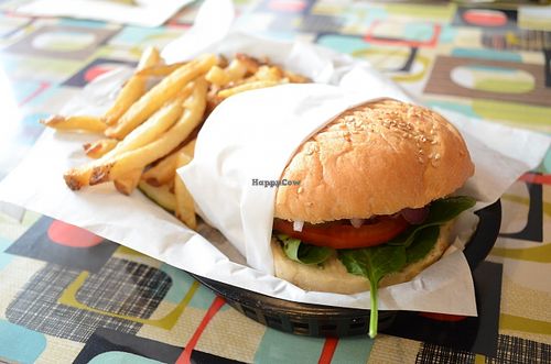 Tempeh burger (delicious patty) & fries & pickle at Afternoon Deli in Grass Valley