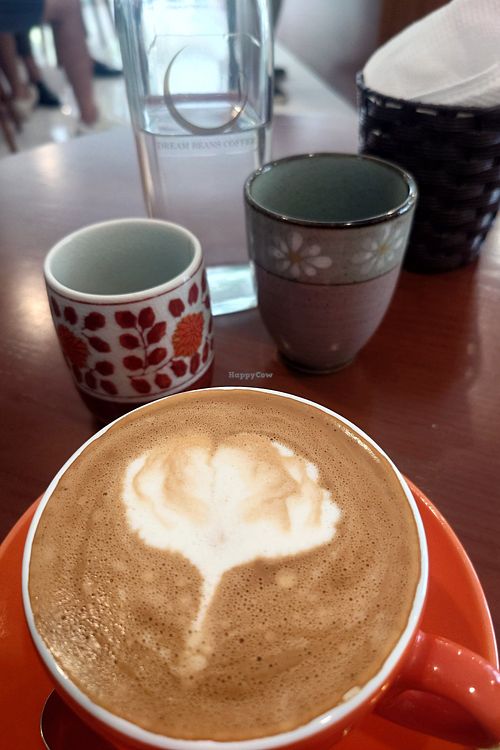 Cappuccino with oat milk and free water at Dream Beans Coffee Roastery in Hanoi