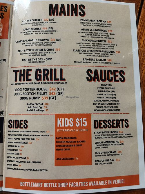 Menu Aug 2025 - no vegan options at Great Ocean Road Brewhouse in Apollo Bay