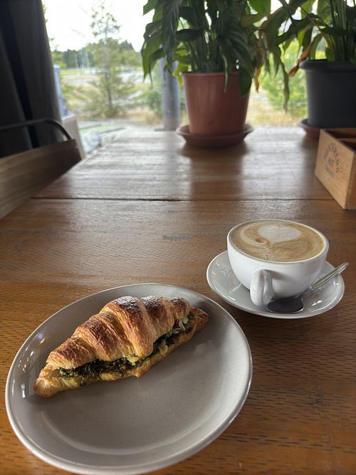 Vegan Pesto crossaint + oat milk cappuccino   at The Musterer's Hut Cafe in Twizel