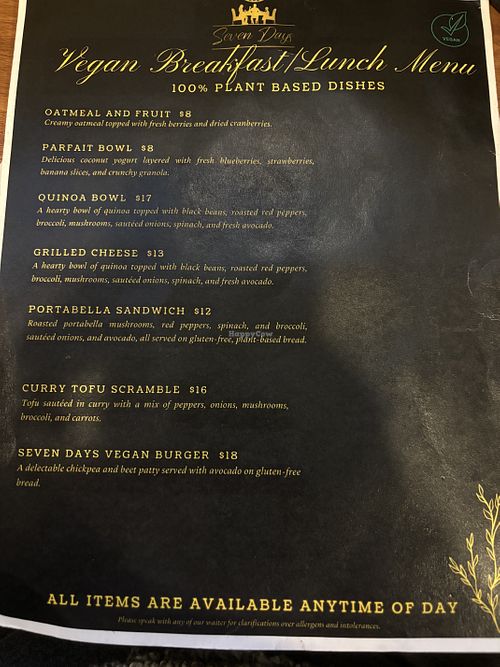 Breakfast menu  at Seven Days  in Dennis